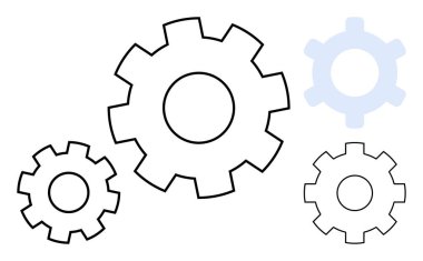 Çeşitli boyutlarda birbirine kenetlenmiş dört vites, takım çalışması, birbirine bağlı sistemler ve süreç entegrasyonu. Mühendislik, yenilik, işbirliği, mekanik, üretkenlik için ideal
