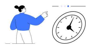 Zamanlama ve dakikliğe odaklanmış büyük bir saati işaret eden bir kadın. Zaman yönetimi, verimlilik, verimlilik, planlama, iş stratejisi, organizasyon ve basit iniş sayfası için ideal