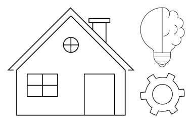 Baca, dairesel ve kare pencereli ev, yaratıcılığı sembolize eden ampul, endüstri için teçhizat. Ev yeniliği, enerji, mühendislik, yaratıcılık, sürdürülebilirlik için ideal takım çalışması basit