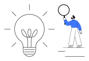 Parlayan ampulün yanında büyüteç tutan adam yenilik, analiz ve beyin fırtınasını temsil ediyor. Yaratıcılık, araştırma, yenilik, keşif, problem çözme, strateji ve basit