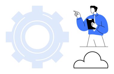 Profesyonel bir pano ve vites ve bulut simgelerinin yakınındaki anahtar fikirlere işaret ediyor. Yenilik için ideal, teknoloji, iş stratejisi, yönetim, bulut hesaplama, takım çalışması, düz basit