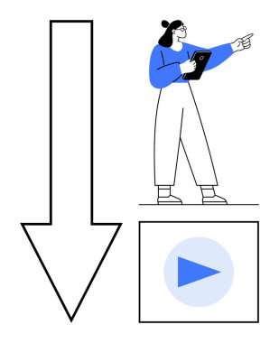 Tablet tutan kadın aşağı doğru ok ve video oynatma düğmesinin yanında el kol hareketi yapıyor. Yönlendirme, gezinti, e-öğrenme, strateji, dersler, sunumlar, basit iniş sayfası için ideal