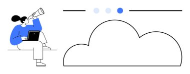 Dizüstü bilgisayarla oturan, teleskoptan büyük bulut ve dairesel ilerleme göstergelerine bakan biri. Bulut hesaplama, yenilik, keşif, teknoloji eğilimleri, veri analizi için ideal
