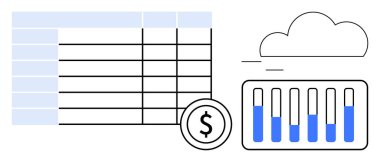 Bulut, veri dalgalanması, dolar sembolü ve hesap tablosu olan bar tablosu. Finans, veri analizi, bulut hesaplama, bütçe belirleme, yatırım izleme sade iniş sayfası için ideal
