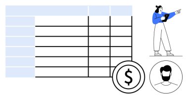Finansal tablo düzeni, dolar işareti simgesi, erkek avatar ve verileri gösteren profesyonel işaret. Finans, iş stratejisi, bütçe, muhasebe, çalışan yönetimi müşteri ilişkileri için idealdir.