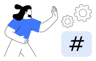 Dişlilerin yanında el hareketleriyle hareket eden bir kadın ve yenilik, takım çalışması, otomasyon, teknoloji, fikir üretimi, işbirliği ve verimliliği temsil eden bir meta veri levhası. İş akışı ve dijital için ideal