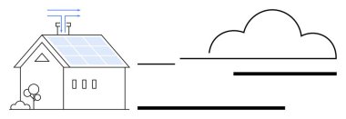 Güneş panelleri, antenler, ağaçlar, bulutlar ve hareketli minimalist ev yenilenebilir enerji ve teknolojiyi simgeliyor. Enerji, eko-yaşam, sürdürülebilirlik, yenilik teknolojisi için ideal