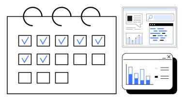 İşaretli görevlerle takvim, çizelgelerle analiz paneli ve arama arayüzü. Üretkenlik, organizasyon, analitik, performans değerlendirmesi, görev takibi, basit iniş sayfaları için ideal