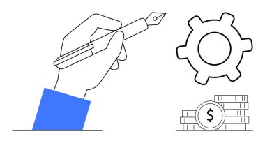 İnovasyon için teçhizat ve finansal başarı için madeni paralarla eşleştirilmiş bir fikri simgeleyen kalemi kavrayan el. İş için ideal, üretkenlik, strateji, yaratıcılık, ekonomi, yenilik, planlama