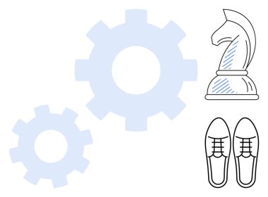 Vitesler takım çalışmasını temsil eder, satranç şövalyesi stratejiyi simgeler, ve ayakkabılar da eylemi. İş için ideal, planlama, takım çalışması, kariyer, liderlik yenilik geliştirme. Düz basit metafor