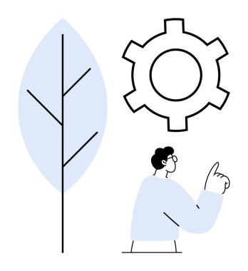 Çevresel sürdürülebilirliği, yeniliği ve büyümeyi sembolize eden büyük bir yaprak ve dişlinin yukarısına bakan kişi. Sürdürülebilirlik, yenilik, teknoloji, ekoloji, eğitim, farkındalık için ideal