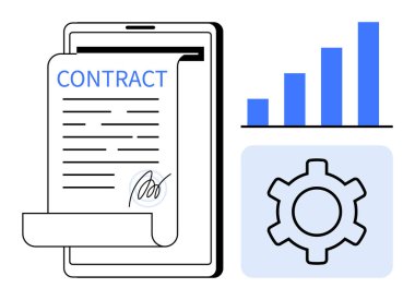 Tablet, ilerleme çizelgesi ve teçhizat üzerinde elektronik kontrat. Dijital anlaşmalar, veri analizi, iş süreci, işbirliği, otomasyon, teknoloji sade iniş sayfası için ideal