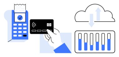 Terminal yakınında el ele tutuşma kartı, faturası basılmış, veri aktarım okları ve bar çizelgesi olan bir bulut. Fintech, dijital ödeme, analitik, e-ticaret, veri güvenliği bulut hesaplaması için ideal