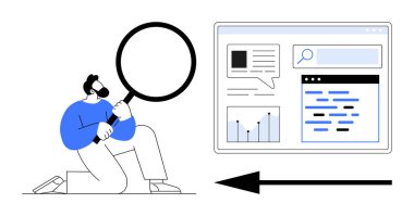 Büyüteçle diz çöküp web sitesi aramalarını, çizelgelerini ve mesajlarını inceleyen kişi. Araştırma, SEO, analiz, teknoloji, strateji, çevrimiçi araçlar için ideal basit iniş sayfası