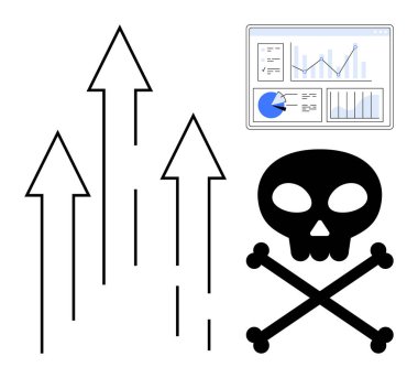 Yukarı doğru büyümeyi temsil eden oklar, veri analizi gösterge paneli ve çapraz kemikli bir kafatası risk olduğunu gösteriyor. İş stratejisi, risk yönetimi, analitik, girişimcilik, fırsat vs için ideal