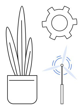 Saksı bitkisi, rüzgar türbini ve dişli ikonu doğa, yenilenebilir enerji ve yenilik arasındaki uyumu temsil ediyor. Sürdürülebilirlik, teknoloji, yenilenebilir enerji ve çevre ekolojisi için ideal