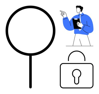 Büyüteç, pano ile profesyonel figür, ve kilit araştırma, analiz, siber güvenlik, gizlilik sembolü. İş, teknoloji ve araştırma veri gizliliği için ideal