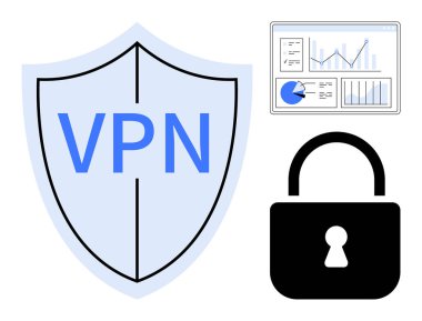 VPN 'li kalkan, güvenli kilit, grafikli analitik gösterge paneli. Siber güvenlik, VPN hizmetleri, veri gizliliği, koruma, analitik, bilişim güvenliği basit iniş sayfası için ideal