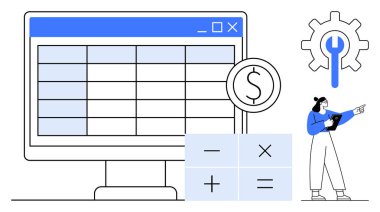 Hesap tablosu, dolar sembolü, hesap makinesi arayüzü, ingiliz anahtarı ve danışmanı olan bilgisayar ekranı. Bütçe, finans, planlama, araç analiz teknolojisi için ideal basit iniş sayfası