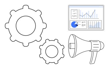 İki iç içe geçmiş vites, bir megafon ve bir ekran görüntüleme grafikleri. Pazarlama, strateji, takım çalışması, işlemler, analiz, işlem iletişimi için ideal basit iniş sayfası
