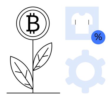 Bitcoin bitkisi, indirim yüzdesi ve vites simgesi olan tişörtün yanında büyümeyi sembolize eder. Kripto para birimi, yatırım, büyüme, perakende satış, yenilik, e-ticaret, engelleme zinciri için ideal. Basit düz