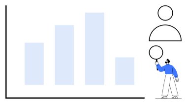 Değişen yüksekliklere sahip bar tablosu, bireysel inceleme verileri, soyut kullanıcı simgeleri. Analiz, takım çalışması, piyasa araştırması, kullanıcı verileri, strateji, iş büyümesi için ideal basit iniş sayfası