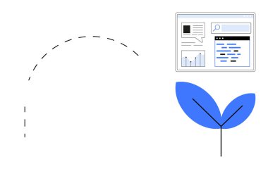 Web sitesi arayüzü üzerinde mavi bir yaprak ile eşleştirilmiş grafik ve metin ile kesikli çizgi. Teknoloji, büyüme, veri, sürdürülebilirlik, ilerleme, analiz, basit iniş sayfası için ideal