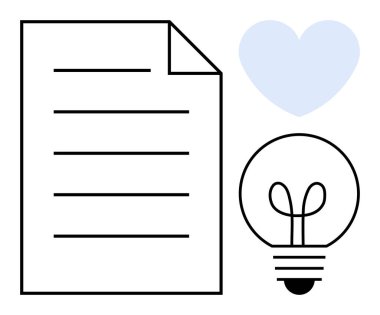 Yenilik, ilham, yaratıcılık, şefkat, üretkenlik, beyin fırtınası ve tasarımı temsil eden bir ampul ve kalple birlikte çizgilerin olduğu bir belge. Eğitim için ideal takım çalışması ve daire