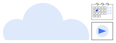 İşaretli tarihleri ve ortam oynatma simgesi olan bir takvimle çevrili büyük bulut şekli. Teknoloji, organizasyon, multimedya, bulut depolama, dijital iş akışı, üretkenlik, planlama için ideal