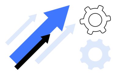 Mavi ve siyah oklar dişli ikonlarının yanında yukarı doğru, takım çalışmasını, ilerlemeyi ve yeniliği sembolize ediyor. Başarı, üretkenlik, büyüme, işbirliği, strateji geliştirme için idealdir.
