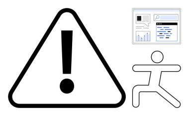 Büyük alarm üçgeni, hareket halindeki çubuk figürü, ve grafik ve grafikli gösterge paneli penceresi. Risk yönetimi için ideal, dikkat, dikkat, analitik, uyarı, eğitim için basit iniş sayfası