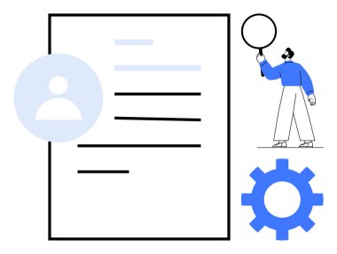 Kullanıcı avatarı, teçhizatı ve bireysel inceleme detaylarını belgeleyen belge-başparmak arayüzü. Profil oluşturma, ayarlar, kişiselleştirme, adam toplama, hesap kurulumu, veri doğrulama için ideal basit