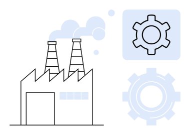 Bacaları duman çıkaran fabrika binası otomasyon, teknoloji ve üretim süreçlerini sembolize eden iki vites grafiği. Endüstri, üretim, mühendislik, yenilik, verimlilik için ideal