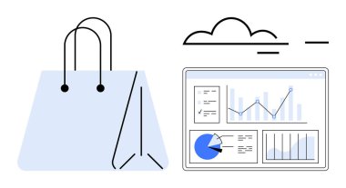Analitik torpido gözünde grafikler, grafikler ve bulutlar var. Ticaret için ideal, çevrimiçi perakende, iş büyümesi, veri içgörüleri, bulut analizi, dijital pazarlama basit iniş sayfası