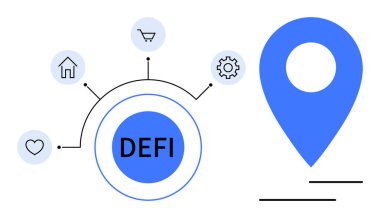 Dairesel DEFI çekirdeği ikonlara, kalbe, eve, alışveriş arabasına, teçhizata ve konum işaretçisine bağlı. Finans, engelleme zinciri, ademi merkeziyet teknolojisi yenilik bağlantıları için idealdir. Düz