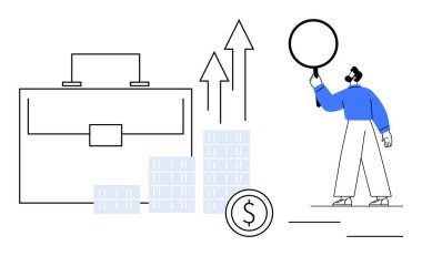 Evrak çantası, yükselen oklar, dolar parası ve daire tutan kişi finansal büyüme, ilerleme ve stratejiyi temsil ediyor. Finans, yatırım, iş analizi kariyer pazarlama stratejisi için ideal
