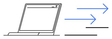 Açık pencereli dizüstü bilgisayar işlem hareketlerini gösteren dinamik mavi oklarla tamamlanmış. Üretkenlik, teknoloji, iş akışı, otomasyon, iletişim, dijital ilerleme için ideal, düz basit