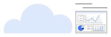 Veri panelinin yanında grafik, grafik ve analizi gösteren bulut. Teknoloji, iş dünyası, bulut servisi, veri analizi, dijital strateji, bilişim yönetimi basit iniş sayfası için ideal
