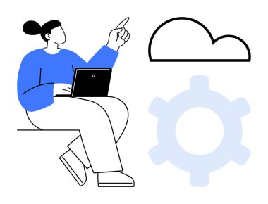 Bulut ve teçhizata bakarken dizüstü bilgisayar kullanan biri. Teknoloji, bulut depolama, yenilik, yazılım, dijital işbirliği, problem çözme, düz metafor için ideal