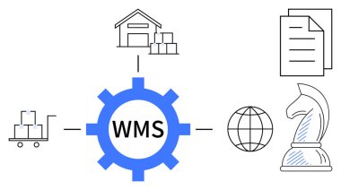 WMS etiketli merkezi dişliler depo, envanter arabası, dünya, strateji satranç taşı ve belgeleri birbirine bağlar. Lojistik, yönetim, strateji, envanter planlaması için ideal küresel işletme