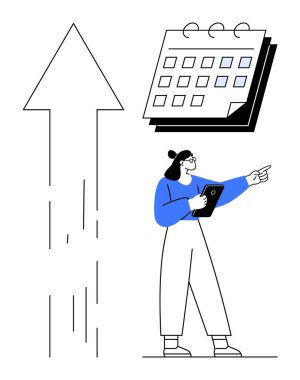 Tableti tutan kadın, yukarı doğru ilerleyen okun yakınındaki takvime işaret ederek büyümeyi, planlamayı ve başarıyı simgeliyor. Hedef belirleme, program yönetimi, iş stratejisi, başarı, üretkenlik için ideal