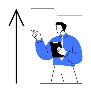 Resmi kıyafetli biri, yükselen ok görselleştirmesine işaret ediyor, elinde pano var. İş stratejisi için ideal, başarı, büyüme, liderlik, planlama, hedef belirleme yeniliği. Düz basit metafor