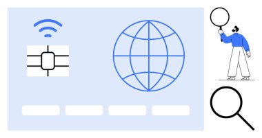 Çipli ödeme kartı, kablosuz ikon, küresel sembol, büyüteç tutan kişi. Teknoloji için ideal, çevrimiçi ödemeler, küresel ticaret, araştırma, güvenlik finans hizmetleri basit iniş