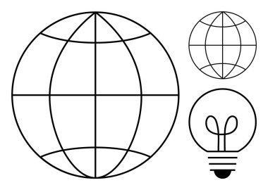 Kesişen ızgara çizgileri ve minimalist ampul çizgileri olan bir dünya. Yenilik için ideal, küresel düşünce, teknoloji, eğitim, ilerleme, sürdürülebilirlik, düz basit metafor