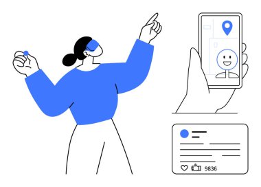 Akıllı telefon ile etkileşime giren bir kadın yerini ve profil arayüzünü gösteriyor, dinamik bir şekilde hareket ediyor. Teknoloji, navigasyon, sosyal medya, yenilik, bağlantı, iletişim, basit