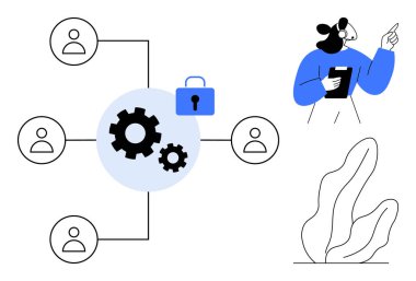 İş akışını sembolize eden dişliler takım üyelerini güvenli kilitle bağlıyor. Yönetici incelemeyi pano ile yapar. Takım çalışması, güvenli işlemler, üretkenlik, yönetim, işbirliği, veri güvenliği için ideal