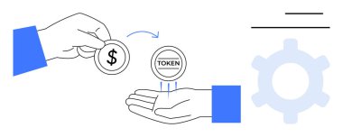 İki el para ve jetonla değiş tokuş yapıyor, dişli grafik renklendirme süreci ve sistemi var. Kripto para, finans, takas, ticaret, engelleme zinciri, dijital ekonomi, düz basit metafor için ideal