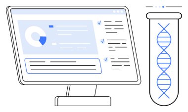 Test tüpünün içindeki DNA sarmalının yanında veri çizelgeleri ve kontrol listelerini gösteren bilgisayar ekranı. Biyoteknoloji, DNA araştırması, veri bilimi, biyoenformatik, sağlık teknisyeni, analitik ve basit iniş için ideal