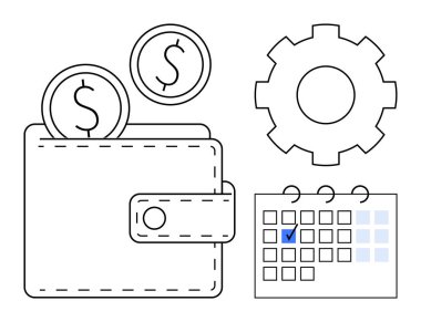 Cüzdanda bozuk paralar, vites sembolize etme süreci, takvim çizelgesi. Finans, bütçe, ödeme, yönetim, tasarruf planlama için ideal. Düz basit metafor