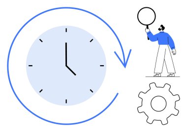 Etrafını saran mavi oklu büyük saat, vites ve daire tutan kişi. Üretkenlik, iş akışı, verimlilik, görev öncelikleri, planlama, organizasyon için ideal